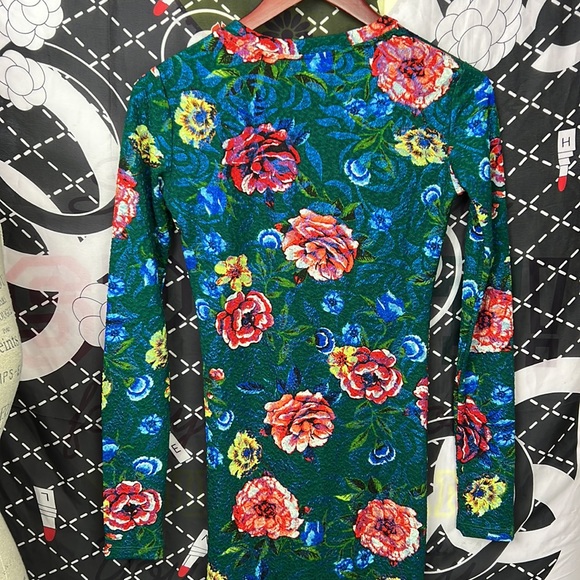 Zara Textured Green Floral Print Dress Gathered Side Size S Long Sleeve Bodycon - Picture 9 of 16